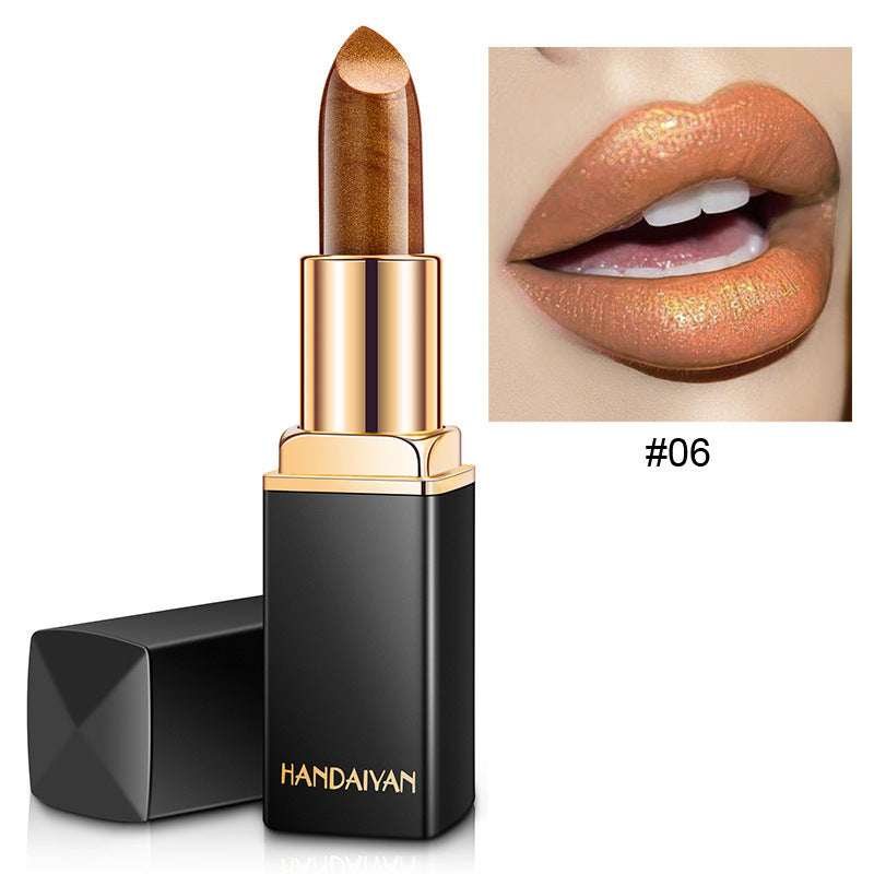 Shiny Metallic Color-Changing Lipstick – Pearlescent Gilt Finish with Temperature-Reactive Tint