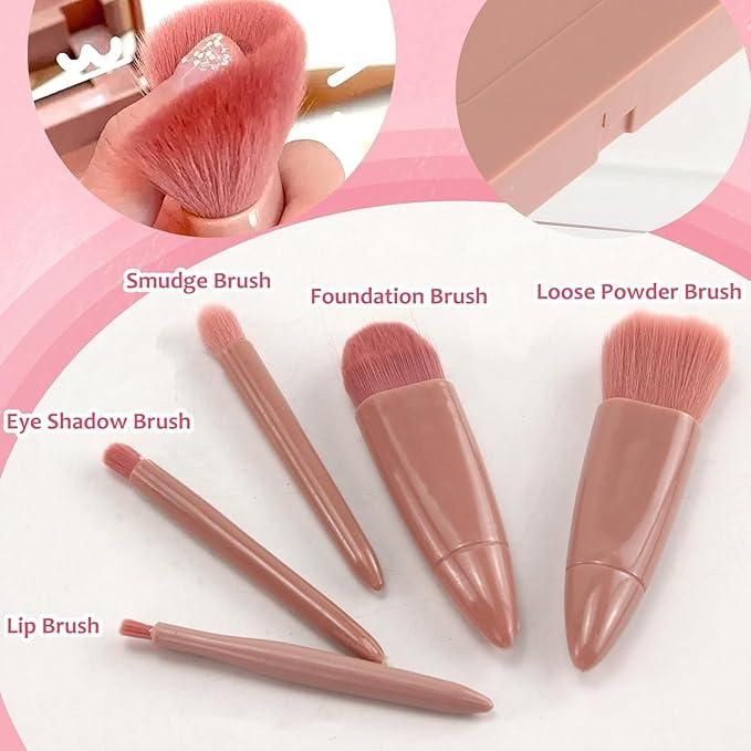 5-in-1 Travel Makeup Brush Set with Built-in Mirror Case – Portable Beauty Kit for Face & Eye Makeup