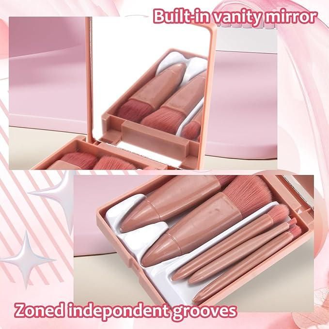 5-in-1 Travel Makeup Brush Set with Built-in Mirror Case – Portable Beauty Kit for Face & Eye Makeup