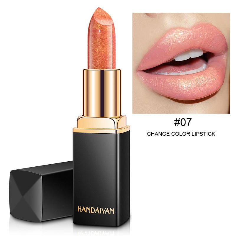 Shiny Metallic Color-Changing Lipstick – Pearlescent Gilt Finish with Temperature-Reactive Tint