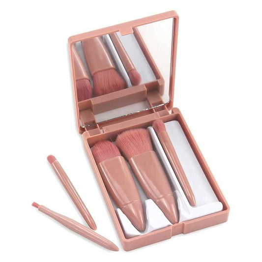 5-in-1 Travel Makeup Brush Set with Built-in Mirror Case – Portable Beauty Kit for Face &amp; Eye Makeup